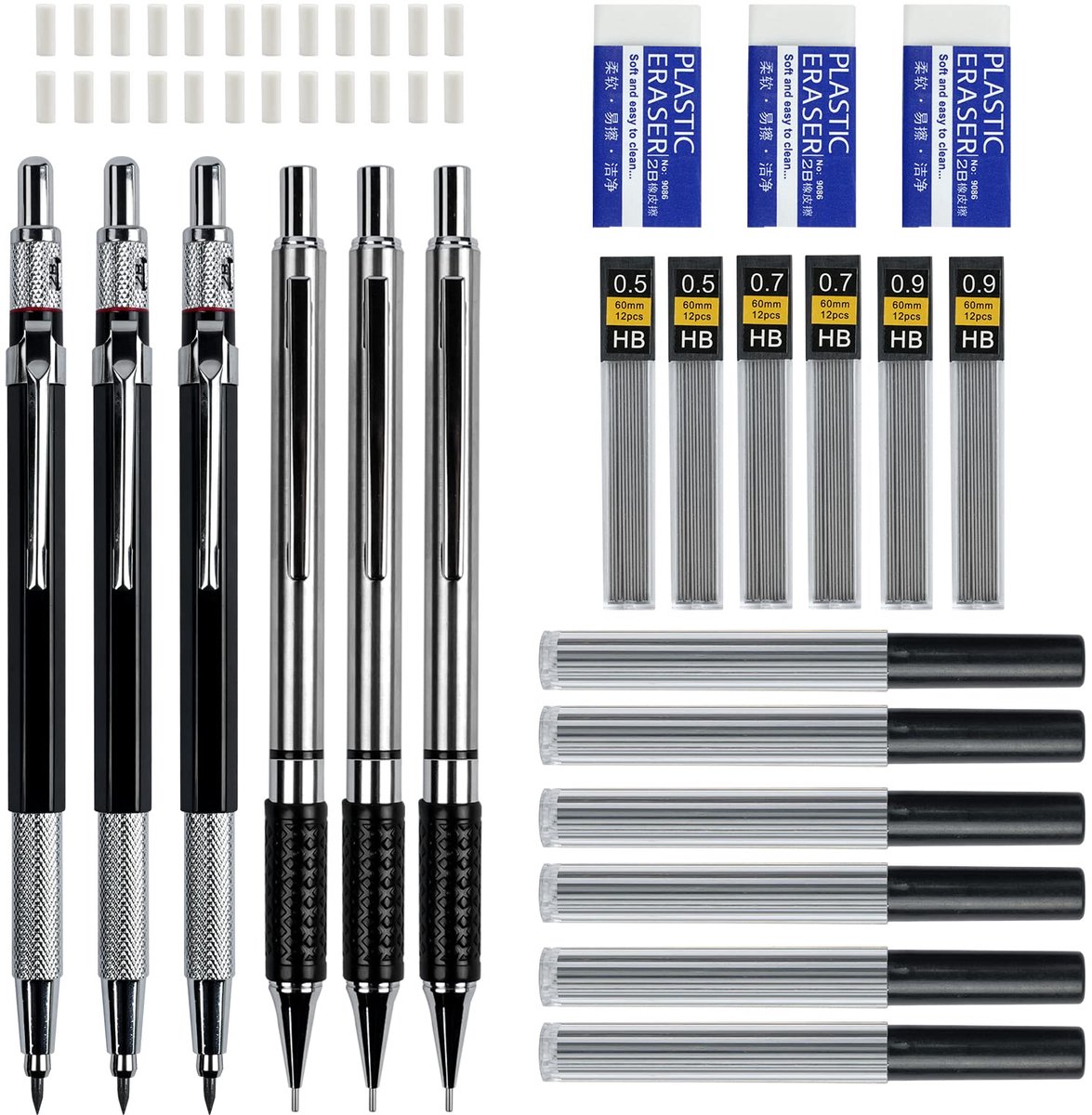 AUAUY 6 stuks metalen vullingen 0,5, 0,7, 0,9 mm en 2 mm, mechanisch potlood met vullingen en gummen, vulhouder voor - ShopVlot