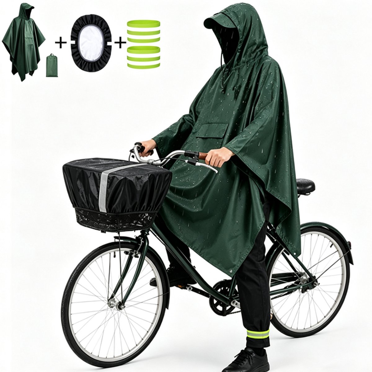 OUYLAF Fiets Regenponcho Complete Set - poncho - poncho regen - regenponcho + Fietsmand regenhoes + Reflecterende broekklemmen - regenponcho voor fiets - Geschikt voor wandelen en fietsen