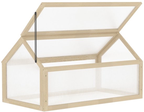 Houten minikas met een schuin dak dat open staat, met transparante wanden.