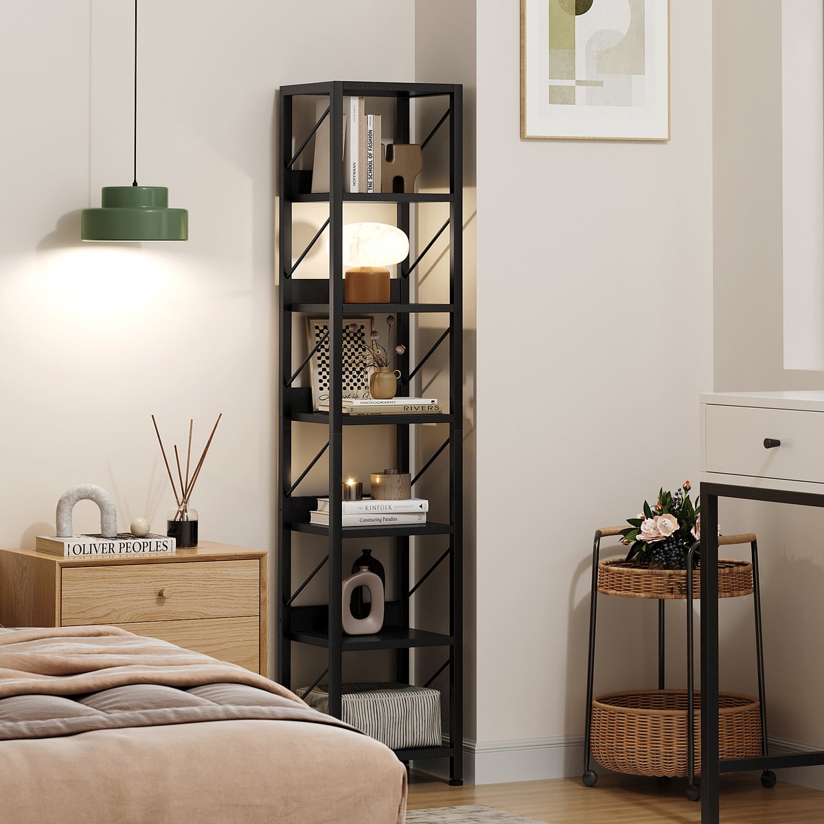 Smalle Boekenkast 6 Lagen - 35x30x168cm - Hoge Boekenkast - Rustieke Planken - Industrieel Metalen Frame - Hoek Opbergrek Klein - Voor Slaapkamer Woonkamer Kantoor - Zwart
