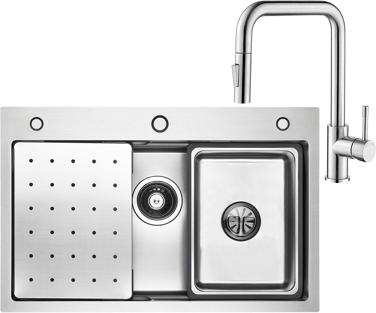 CECIPA max Spoelbakken met Kraangat 70x45 cm - Spoelbak Keuken Met Premium Keukenkraan - Multifunctionele Spoelbak - Incl. Sifon en Afvoerzeefje - Gootsteen Voor Roestvrij staal
