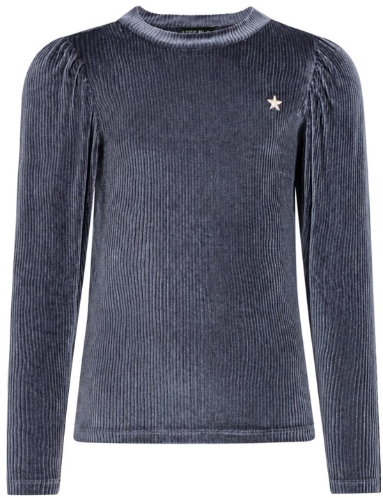 Donkergrijs fluwelen shirt met opstaande kraag, pofmouwen en een roze ster op de borst. Ribstof.