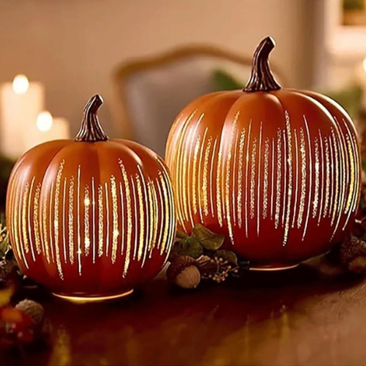 Halloween LED-pompoenlampjes - fonkelende sterren - sfeervolle decoratie - voor binnen en buiten - gloeiende pompoenfiguren - voor feestliefhebbers - oranje - 2 stuks