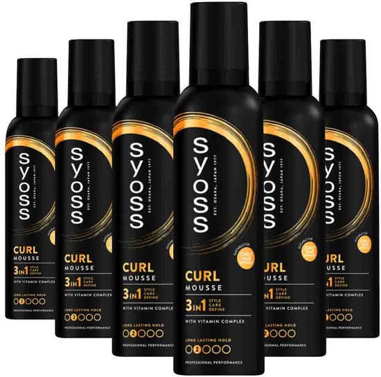 Six bombes aérosols noires avec le logo SYOSS, "CURL MOUSSE" et "3IN1 STYLE CARE DEFINE".