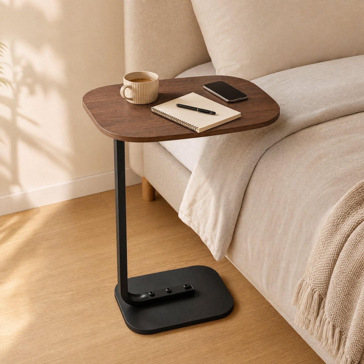 MIVRAY Bijzettafels - Bijzettafel C‑Vormige Sidetable, Op Wieltjes, Houten Blad Met Metaal Onderstel, Moderne Nigh Stand Bijzettafel Voor Woonkamer, Walnoot, 45x30 cm, 63 cm Hoog