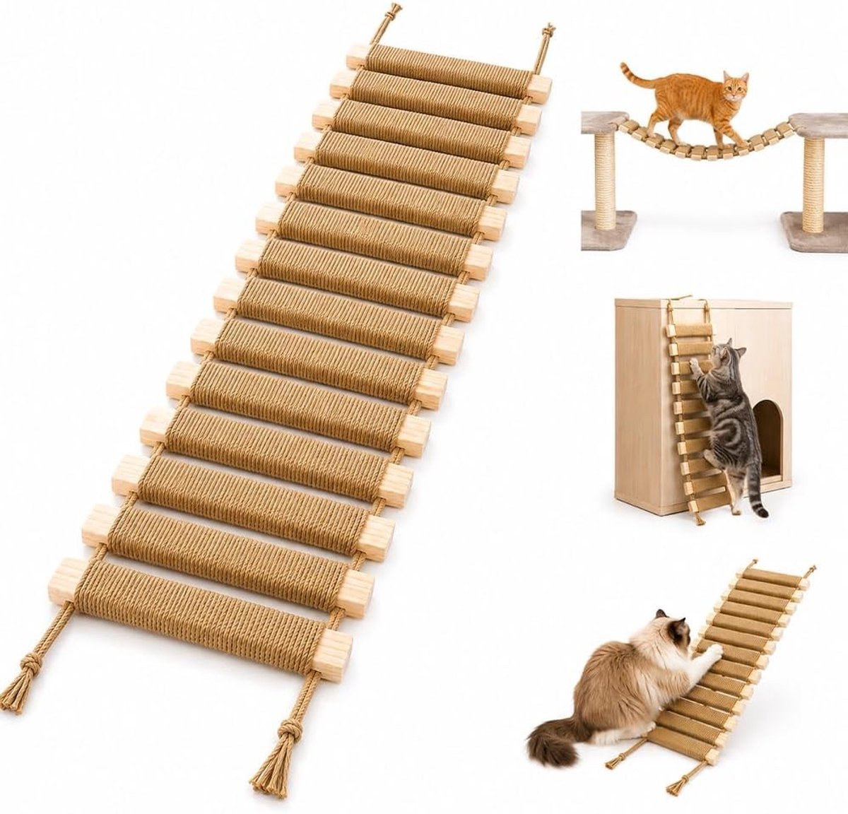 Kattentrap - Kaki - 100 cm - Massief Hout met Sisaltouw - Voor Katten