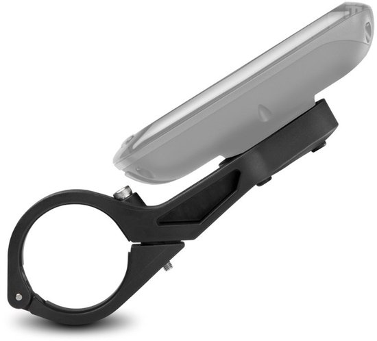 Zwarte Garmin fietscomputersteun met een grijze fietscomputer gemonteerd, bevestigd aan een stuur.