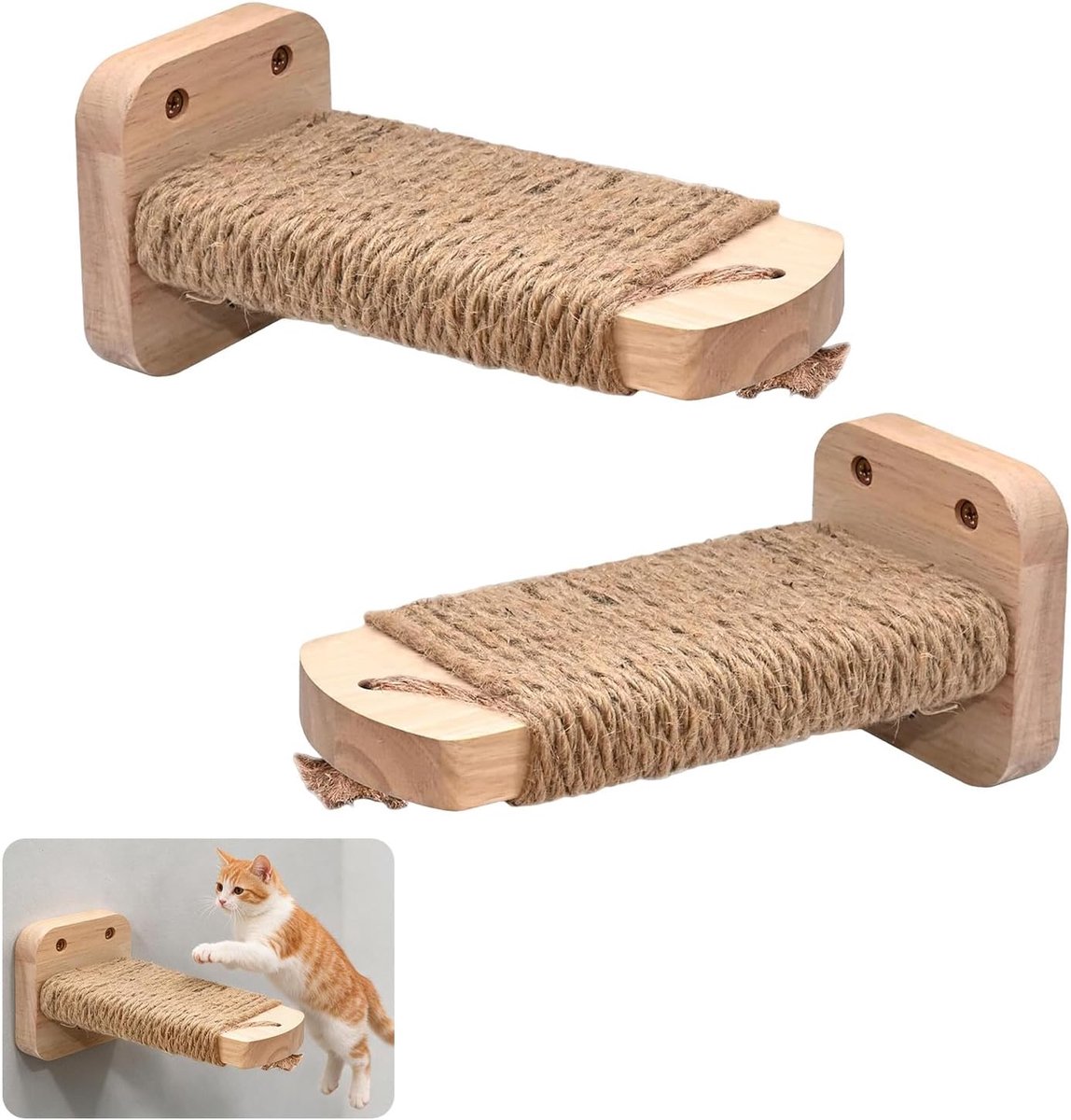 Twee houten klimrekken voor katten - Met touw - 21 cm - Krab- en klimrek voor katten - Geschikt voor binnen en buiten - Montage met boren - Houtkleur