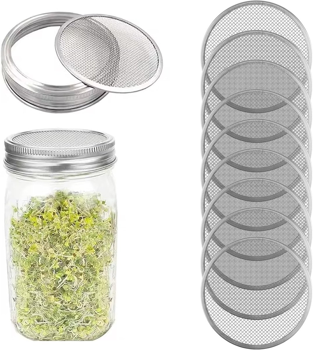 Canning jar deksel voor kieming met 82 mm zeef - RVS gaas voor alfalfa, broccoli en linzen - Perfect voor thuis kiemen en bonen kieming met 9 stuks.