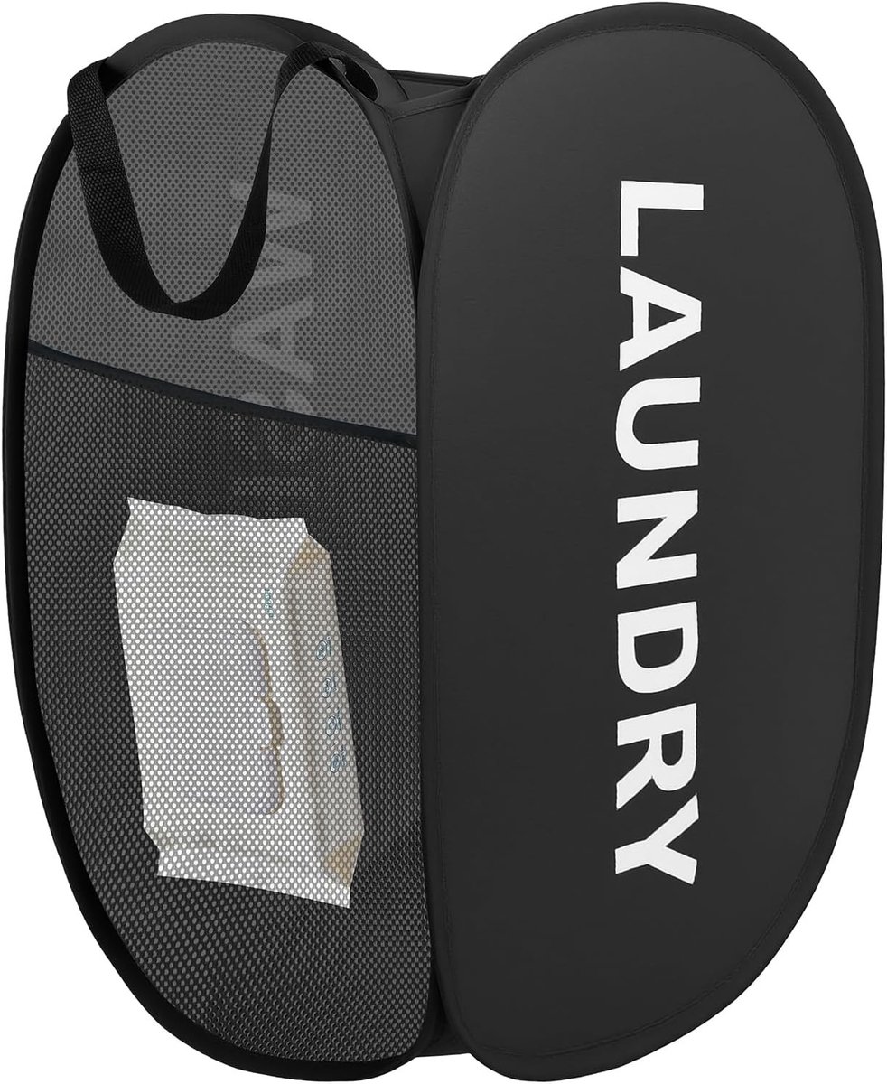Vouwbare Wasmand met Handvatten en Zijvakken, Ideaal voor Camping, Badkamer en Studenten (33.5x33.5x58cm, Zwart)