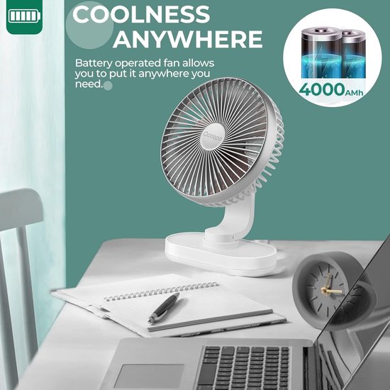 Witte tafelventilator met 4000 mAh batterij, geplaatst op een bureau naast een laptop en een notitieboekje.