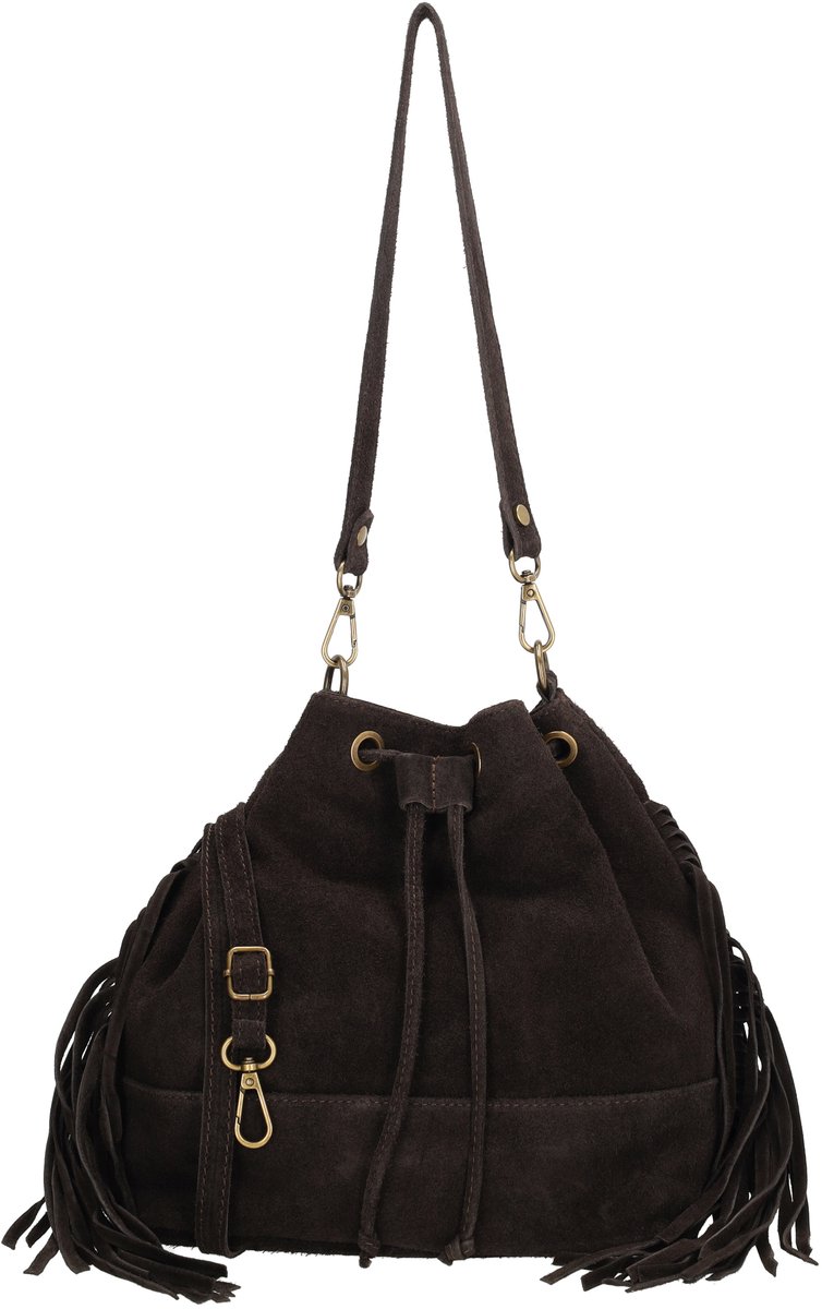 Charm London Vittoria Schoudertas - Suede - Damestas - Buideltas - Franjes - Koordsluiting - Drukknoopsluiting - Ritsvak - Leren Dames Tas - Donkerbruin