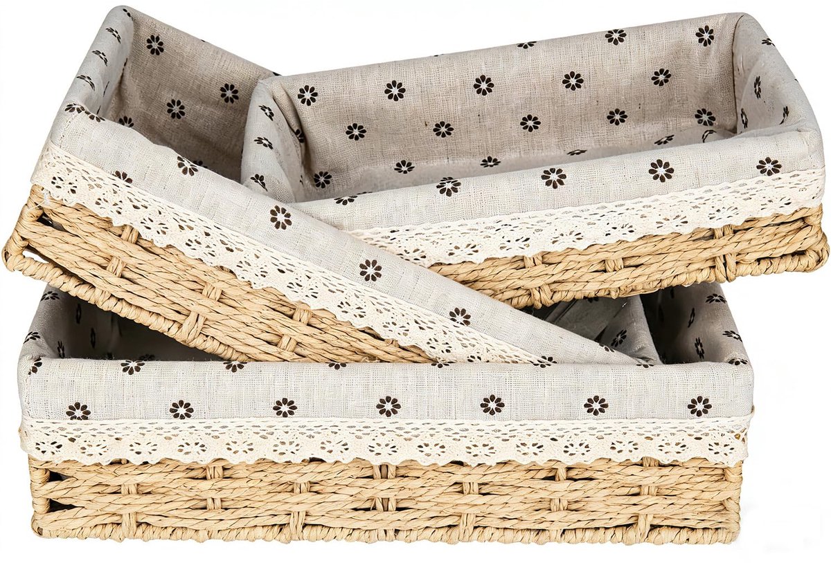 Famanu – Grote broodmand, set van 3 (35, 31, 27 cm), vierkante zeegras manden met katoenen inzetstuk, stevig metalen frame