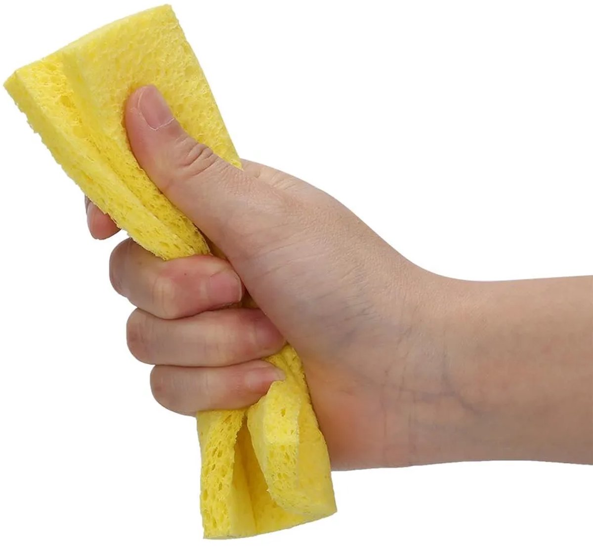 Tien multifunctionele schoonmaaksponzen van houtvezelkatoen, geel van kleur, Geschikt voor schoonmaken, afvegen en het verwijderen van vlekken.