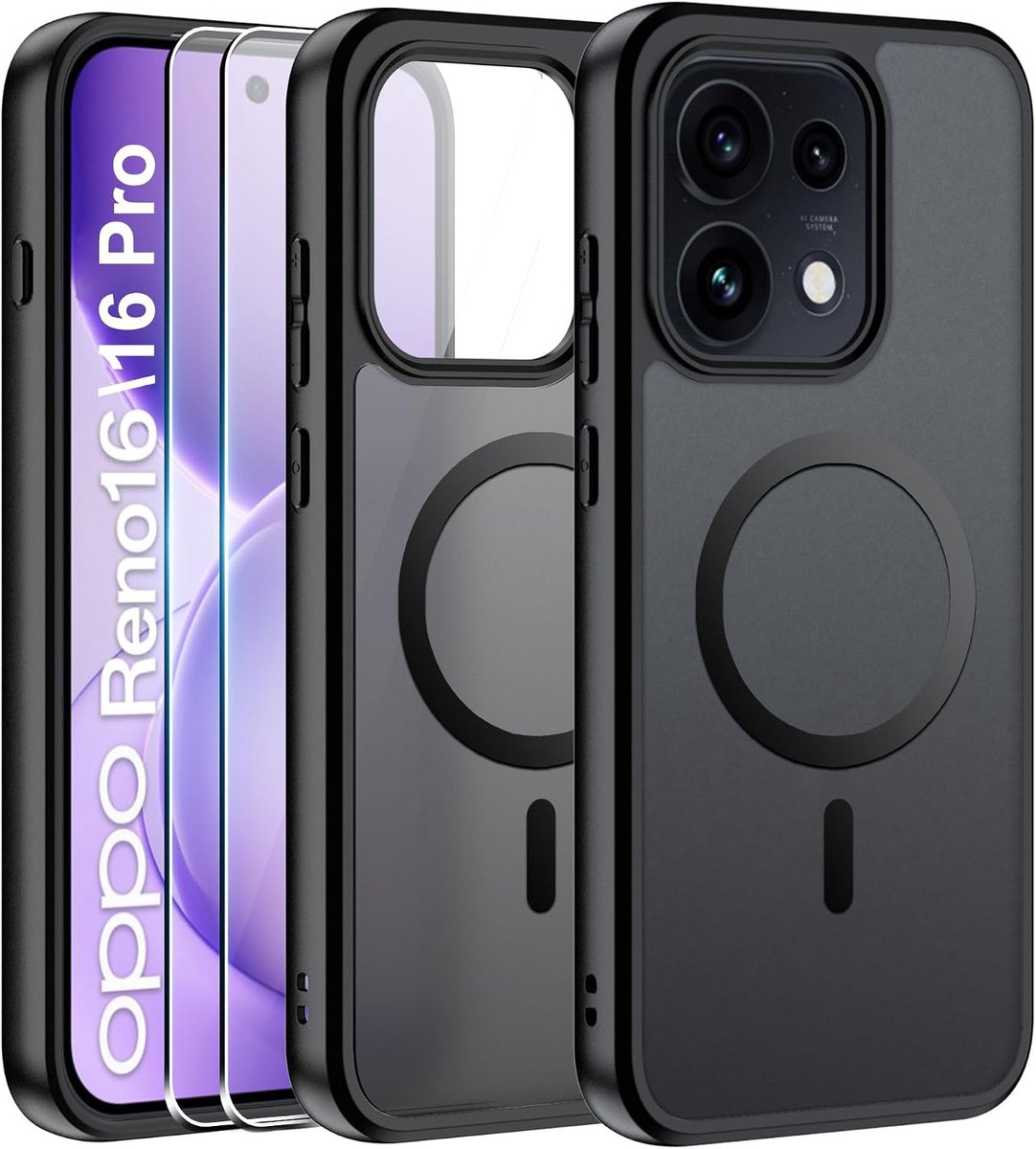 Zandarix Hoesje Geschikt voor Oppo Reno 16 / 16 Pro - Geschikt voor Mag - Met 2 Screenprotector - Acryl Back Cover Hoesje - Mat Zwart