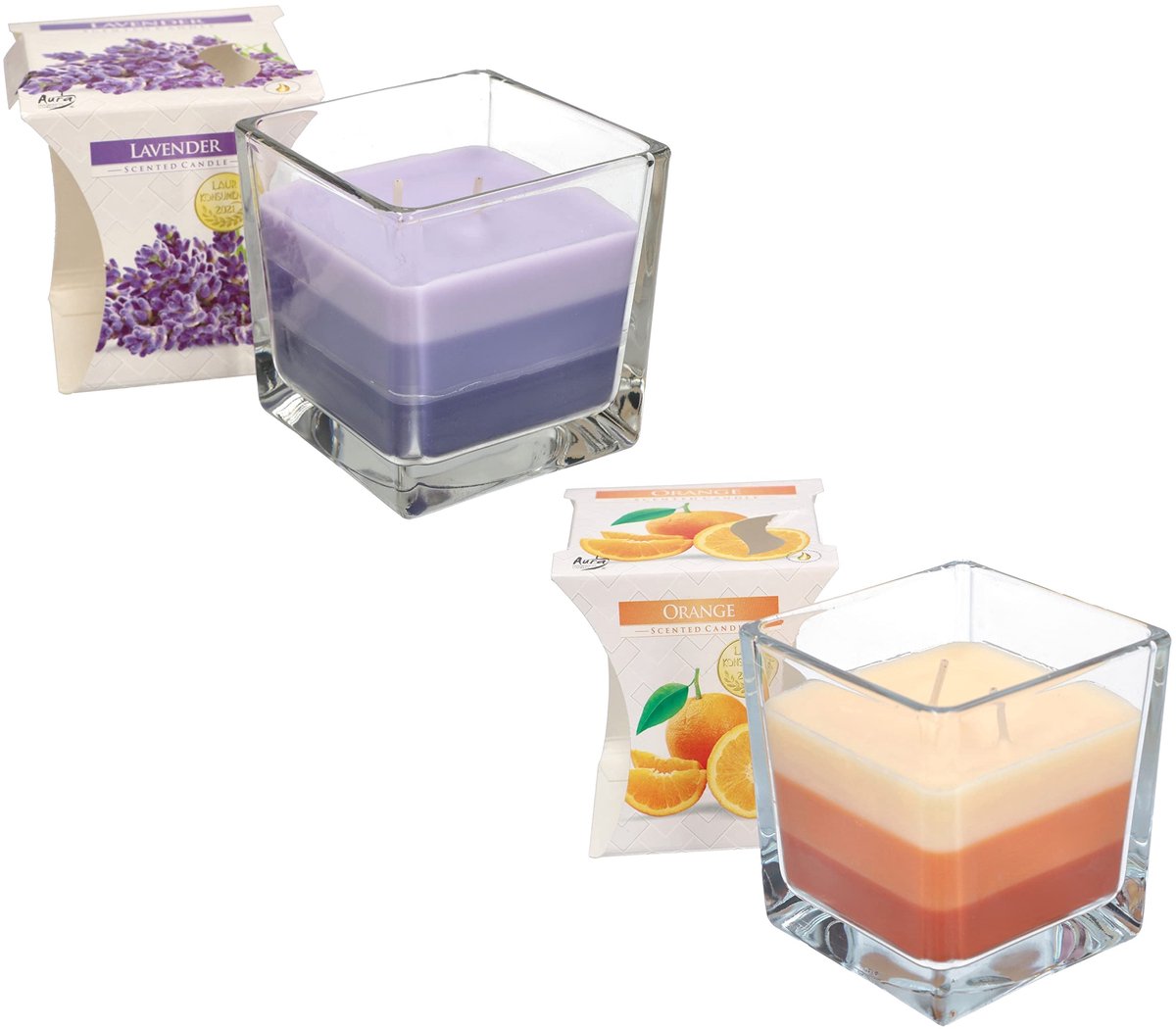 Famanu Set van 2 geurkaarsen met 2 lonten in glas, lavendel en oranje, tweekleurige kaarsen voor aromatherapie en decoratie, brandduur tot 32 uur