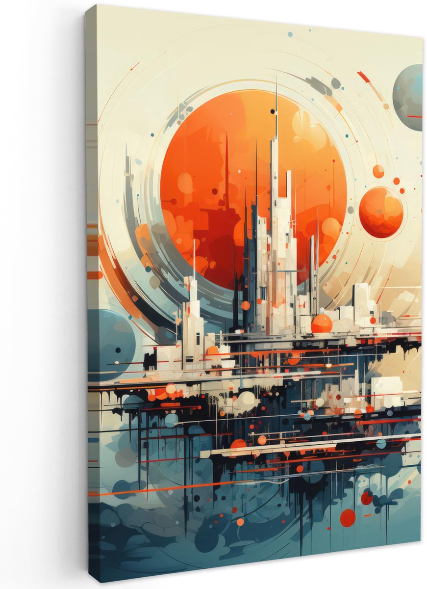 Famanu – Canvas schilderij van 80x120 cm, muurdecoratie voor woonkamer en slaapkamer met retro gebouwen in oranje