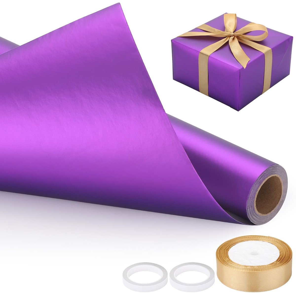 Famanu – Paars cadeaupapier, set van 1 rol inpakpapier van 43 cm x 10 m met lint en dubbelzijdige plakband, mat verpakkingspapier voor verjaardagen en bloemen