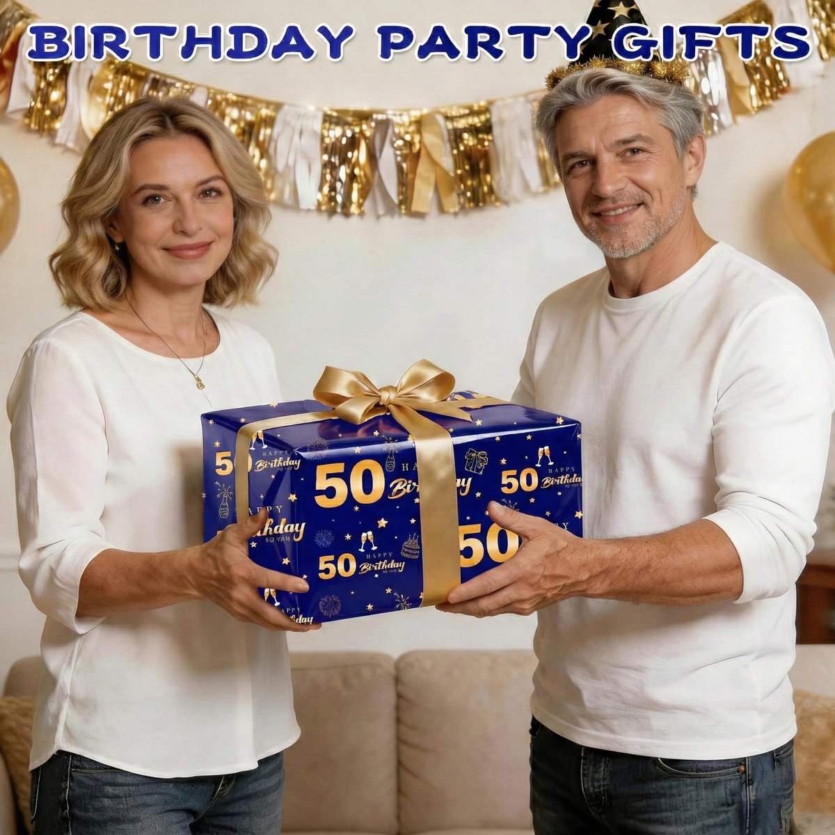 Cadeaupapier, 50e verjaardag, blauw goud, 5 stuks, 70 x 50 cm, Happy Birthday-inpakpapier, cadeaupapier, cadeaupapier - ShopVlot