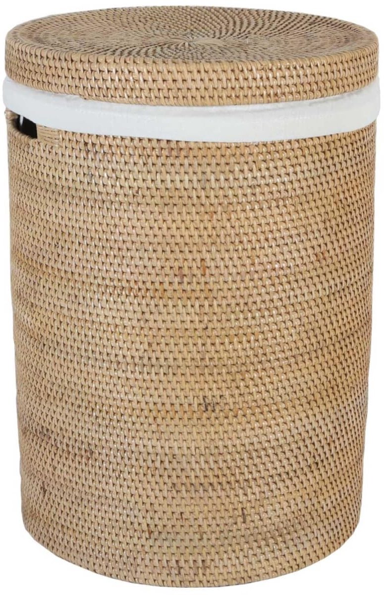 Famanu – Natuurlijk rotan wasmand L Ø 35 cm x hoogte 50 cm, rond met deksel en binnenzak, boho chic wasverzamelaar