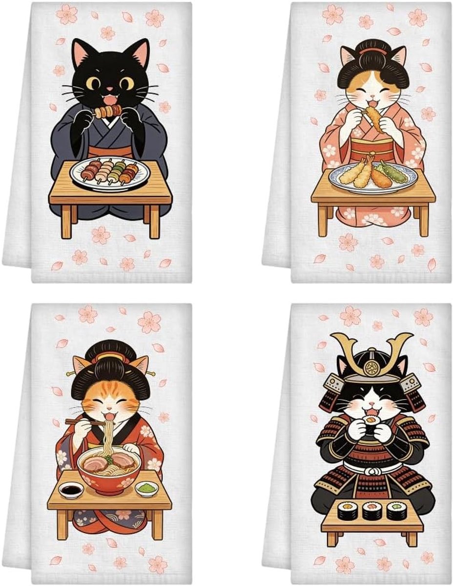 Grappige Keukenhanddoeken met Japanse Katten, Herbruikbare Decoratieve Theedoeken, Zachte en Absorberende Doeken voor Koken en Schoonmaken 60 x 40 cm