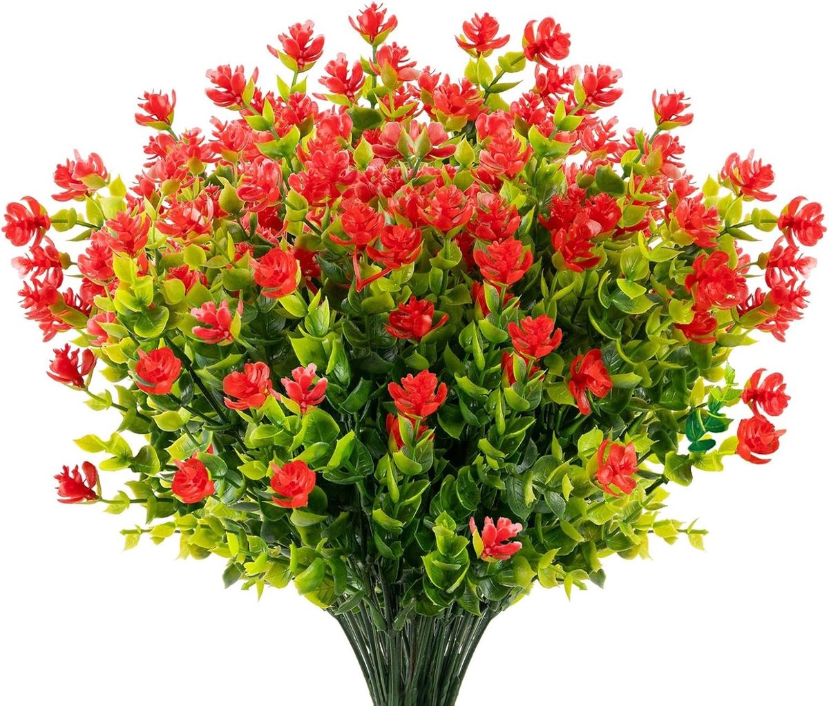 10 Bundels Kunstbloemen voor Buiten, UV-bestendige Nepbloemen, Groene Struiken en Planten voor Tafelarrangement en Tuin Decoratie (Rood)