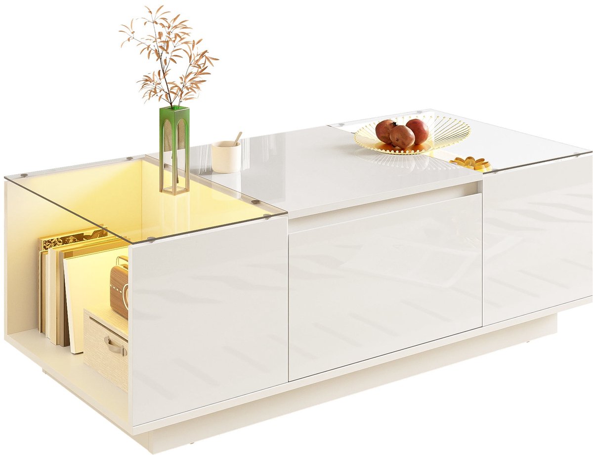 Merax Moderne Witte Salontafel met Ledverlichting en Opbergruimte – 2 Laden en Glas – 105 x 50 x 35 cm