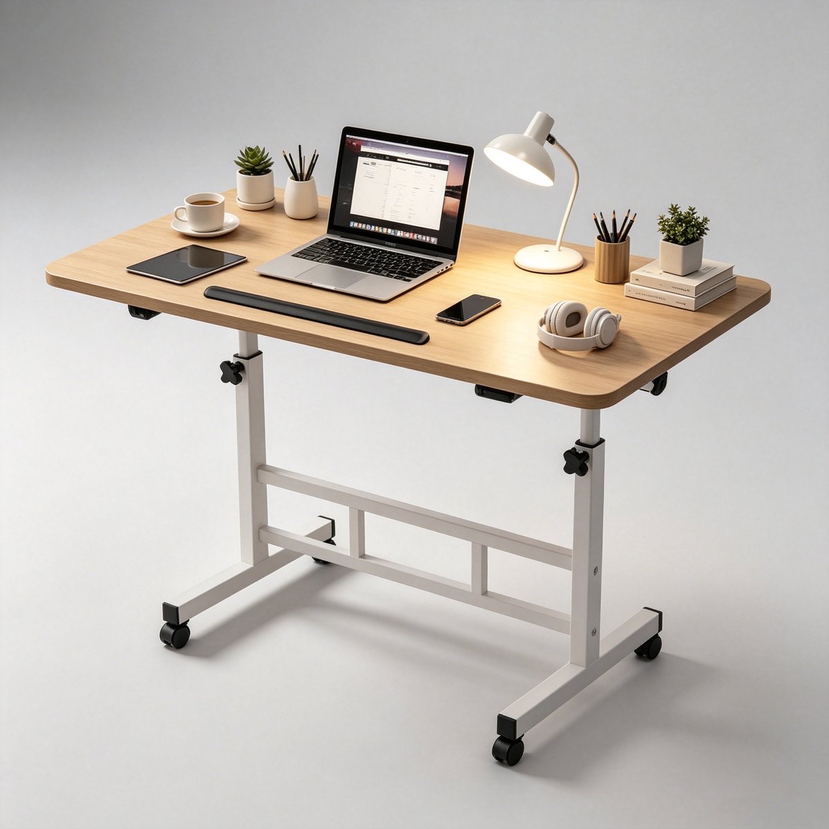 In hoogte verstelbaar mobiel bureau draagbaar laptopbureau compact staand bureau op wielen geschikt voor thuiswerkplekken (80*40*65-87 cm licht houtkleur)
