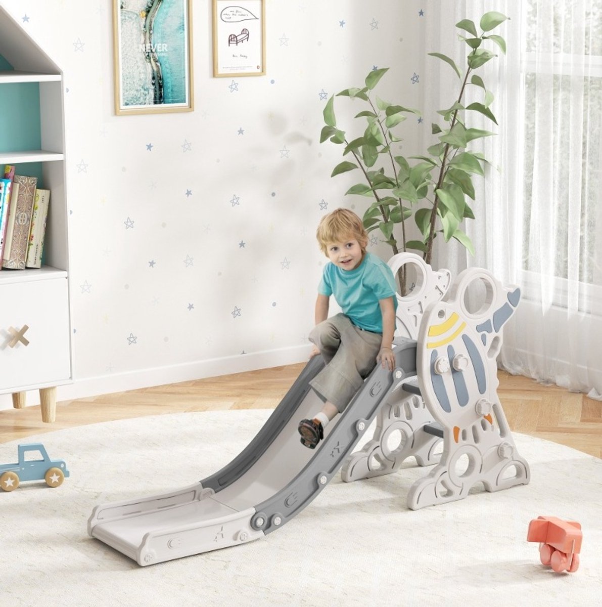 REDOM - Kinderglijbaan voor binnen - Raketdesign met handgrepen en antislip treden - Kunststof - Grijs - 157 x 46,5 x 80 cm