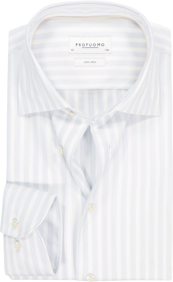 Profuomo slim fit heren overhemd - twill - lichtblauw gestreept - Strijkvrij - Boordmaat: 44 (EU maat: XL)