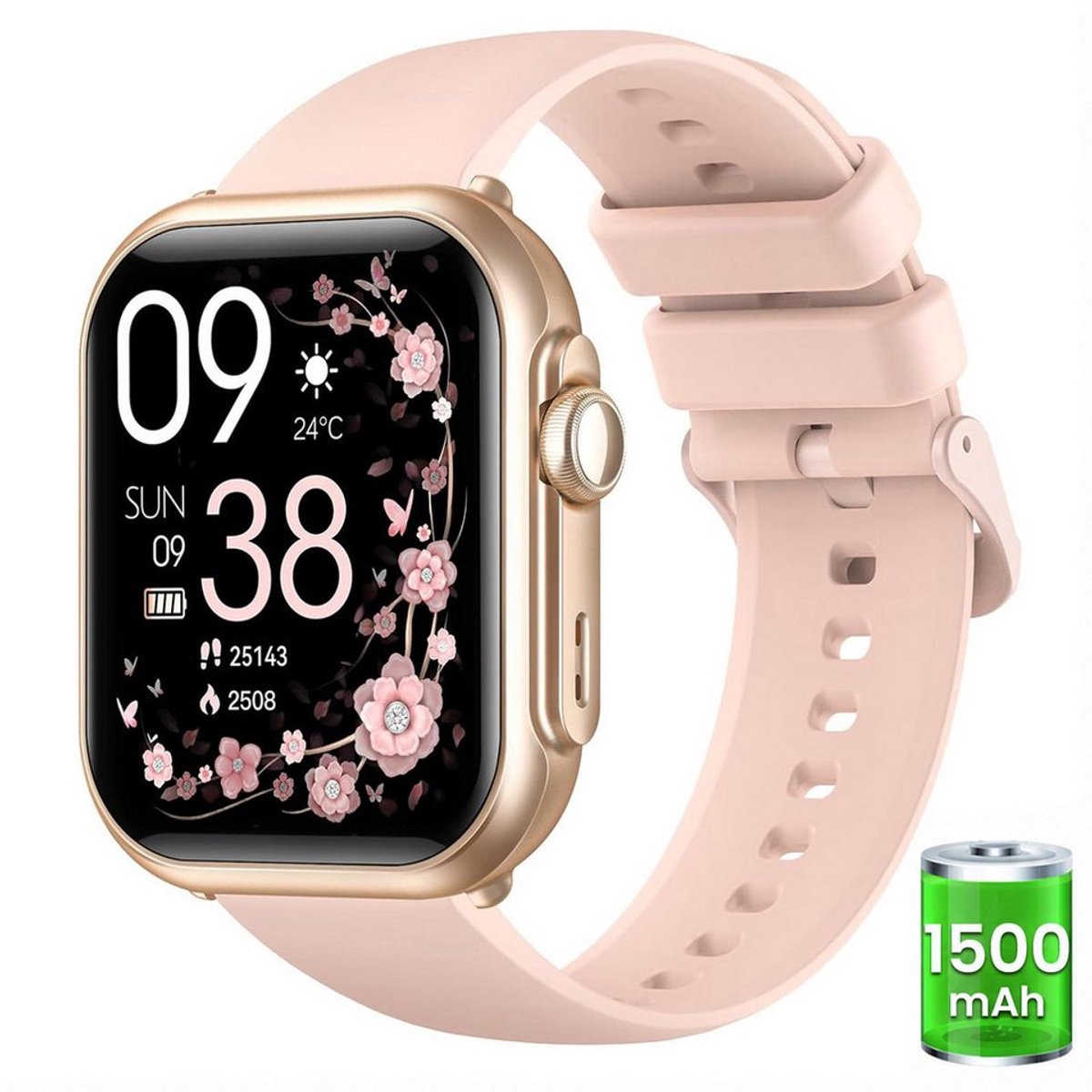FOSMET Smartwatch - Smartwatches - 1,83inch - Dames en Heren - Stappenteller Horloge - Hartslagmeter - Bloeddrukmeter - Slaapmonitor - Saturatiemeter - Belfunctie - 100+Sportmodi - Temperatuurmeting,55 Dagen Batteri - Elke Smartphone - Roze