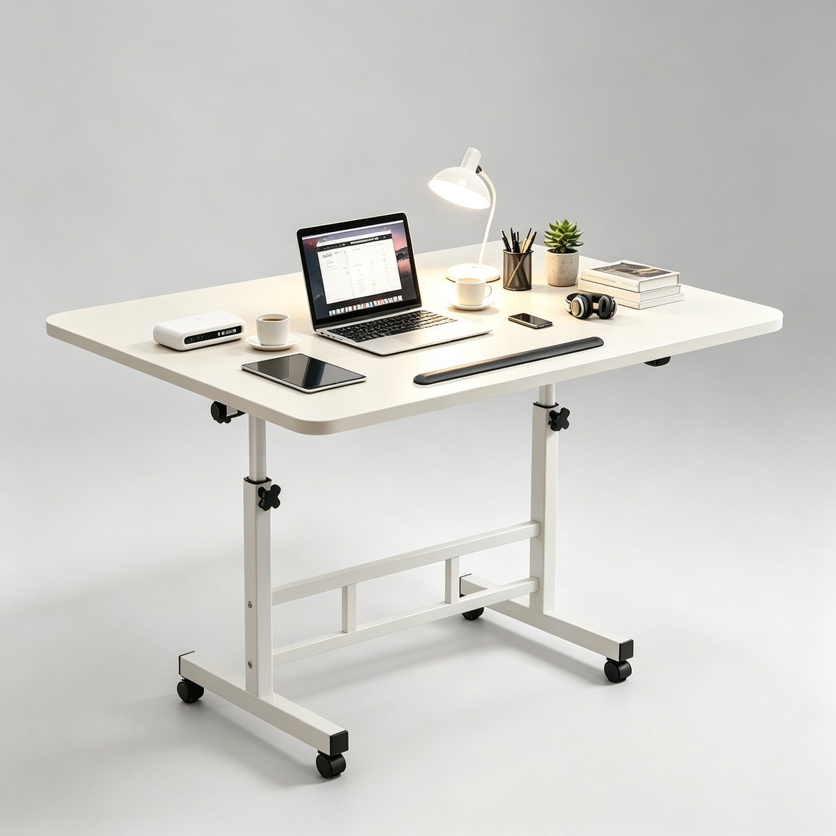 In hoogte verstelbaar mobiel bureau draagbaar laptopbureau compact staand bureau op wielen geschikt voor thuiswerkplek (80*40*65-87 cm crèmewit)