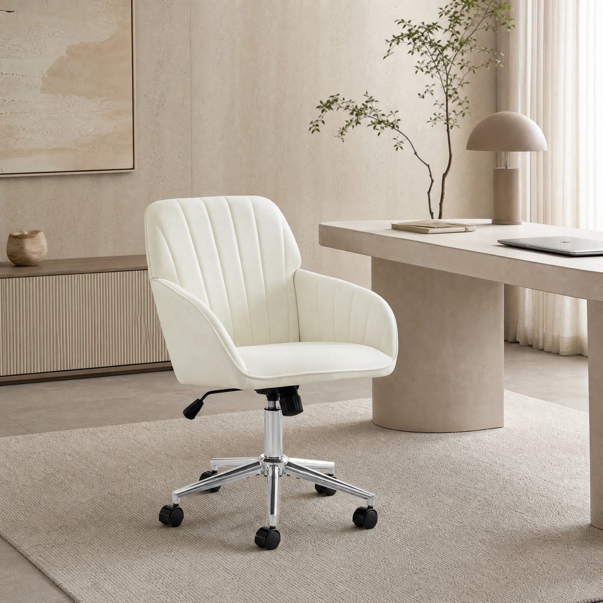 Wishdor Bureaustoel - Hoogteverstelbaar 50-59 cm - 360° draaibaar met wielen en armleuningen - Ergonomisch - Voor kantoor slaapkamer en thuis - Velours - Wit