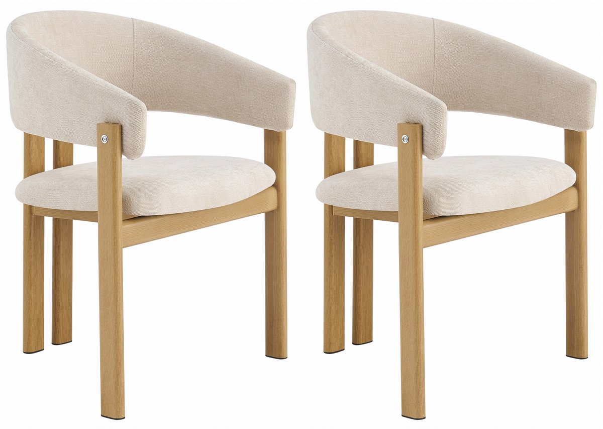 OKWISH Eetkamerstoel – Set van 6 – Met Armleuningen, Comfortabele Linnen Zitting & Stevig Metalen Onderstel Met Houtlook – Voor Eetkamer, Woonkamer en Café – Stof – Beige en Houtkleur
