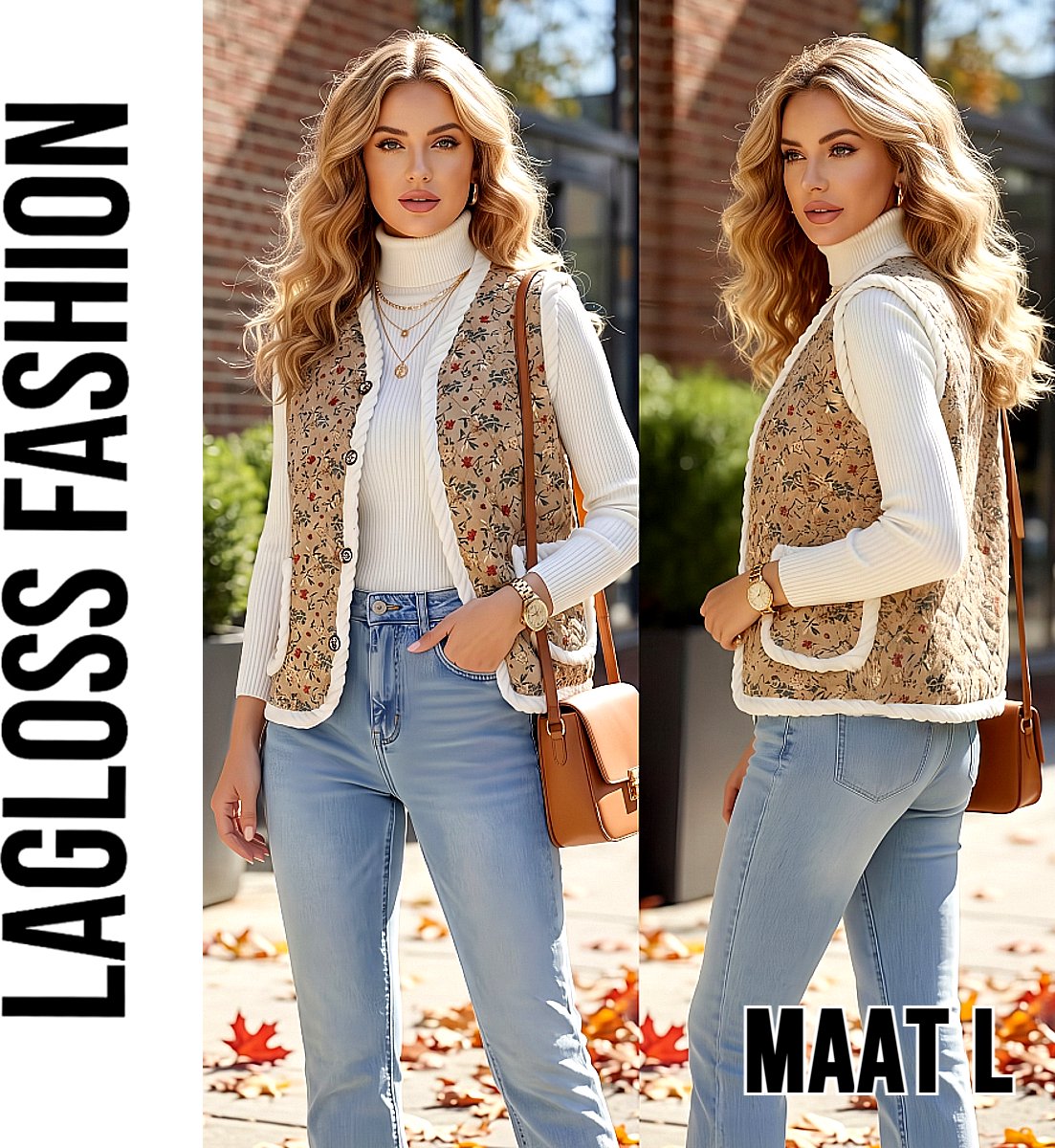 LaGloss® Dames Vintage Bloemenvest – Mouwloos Teddy Gilet met Pluche Voering – Khaki - Maat L