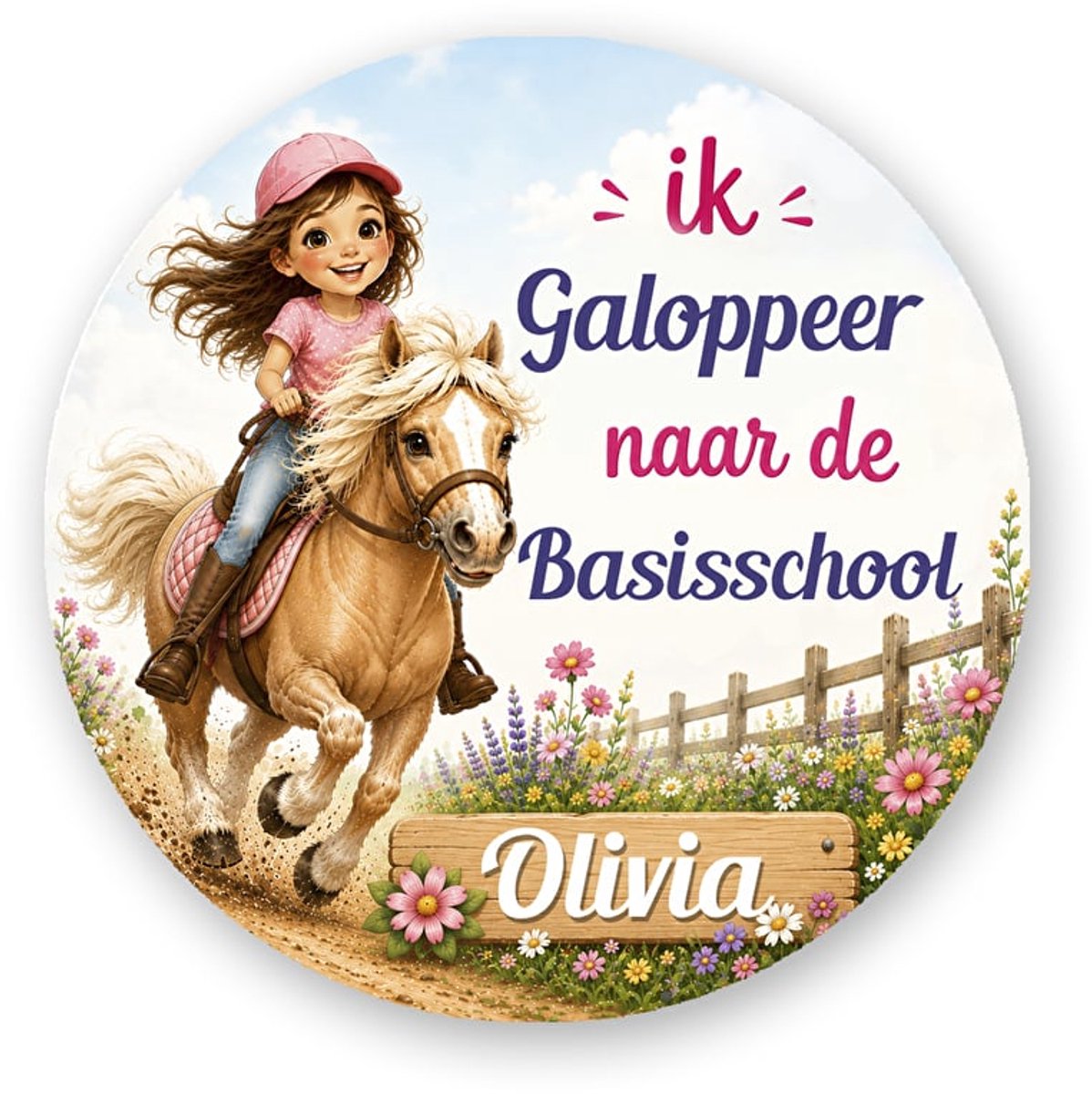 Traktatiestickers Paard- Galoppeer naar de Basisschool – met naam