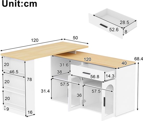 FloraGrace Keuken Eiland Met 360 Graden Draaibare Tafel En Opbergkast Met Lade En Planken Voor Keuken En Eetkamer Hout Wit 136x50x78 Cm — afbeelding 2