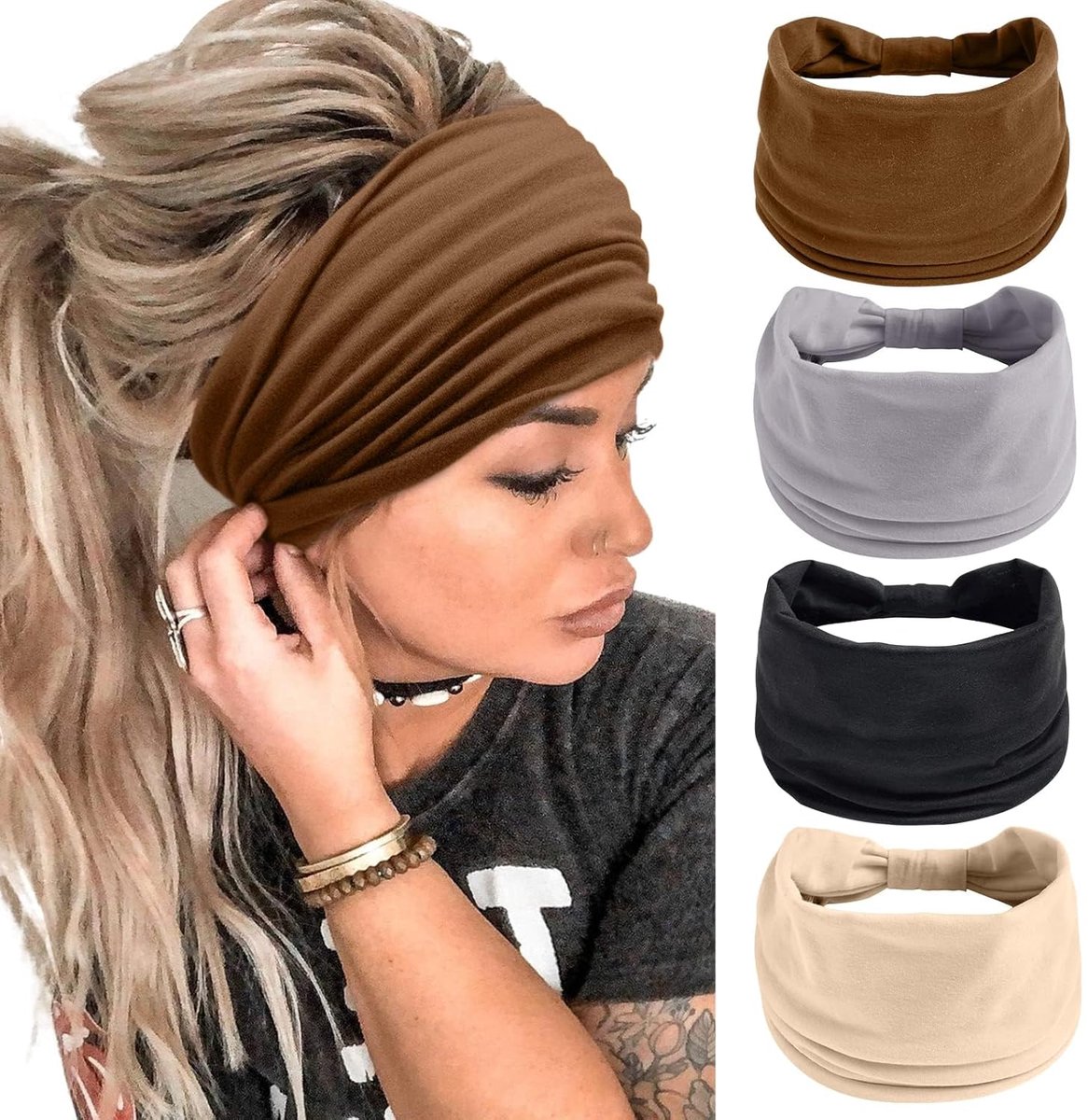 4 Stuks Brede Haarbanden voor Dames - Zwarte Sportieve Hoofdbanden voor Yoga en Dagelijks Gebruik - Boho Stijl met Dikke Elastische Band
