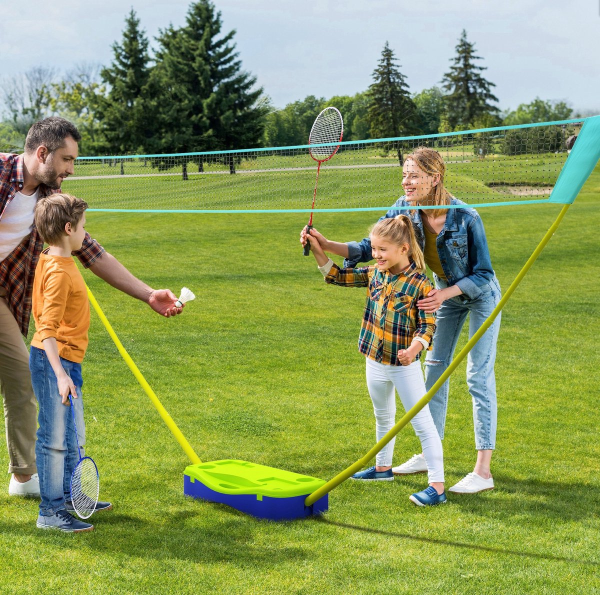 REDOM - Badminton set - 2-in-1 met badminton- en volleybalnet - Hoogte verstelbaar - Met draagtas - Voor binnen en buiten - Plastic - Blauw - 75 x 33 x 14 cm