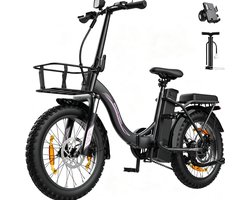 Runetic Elektrische fiets - Actieradius 80km - Verwijderbare batterij 36V13Ah - Motor 250W - 25KM/H - 20“* 3.0” opvouwbare City Commuter E-Bike
