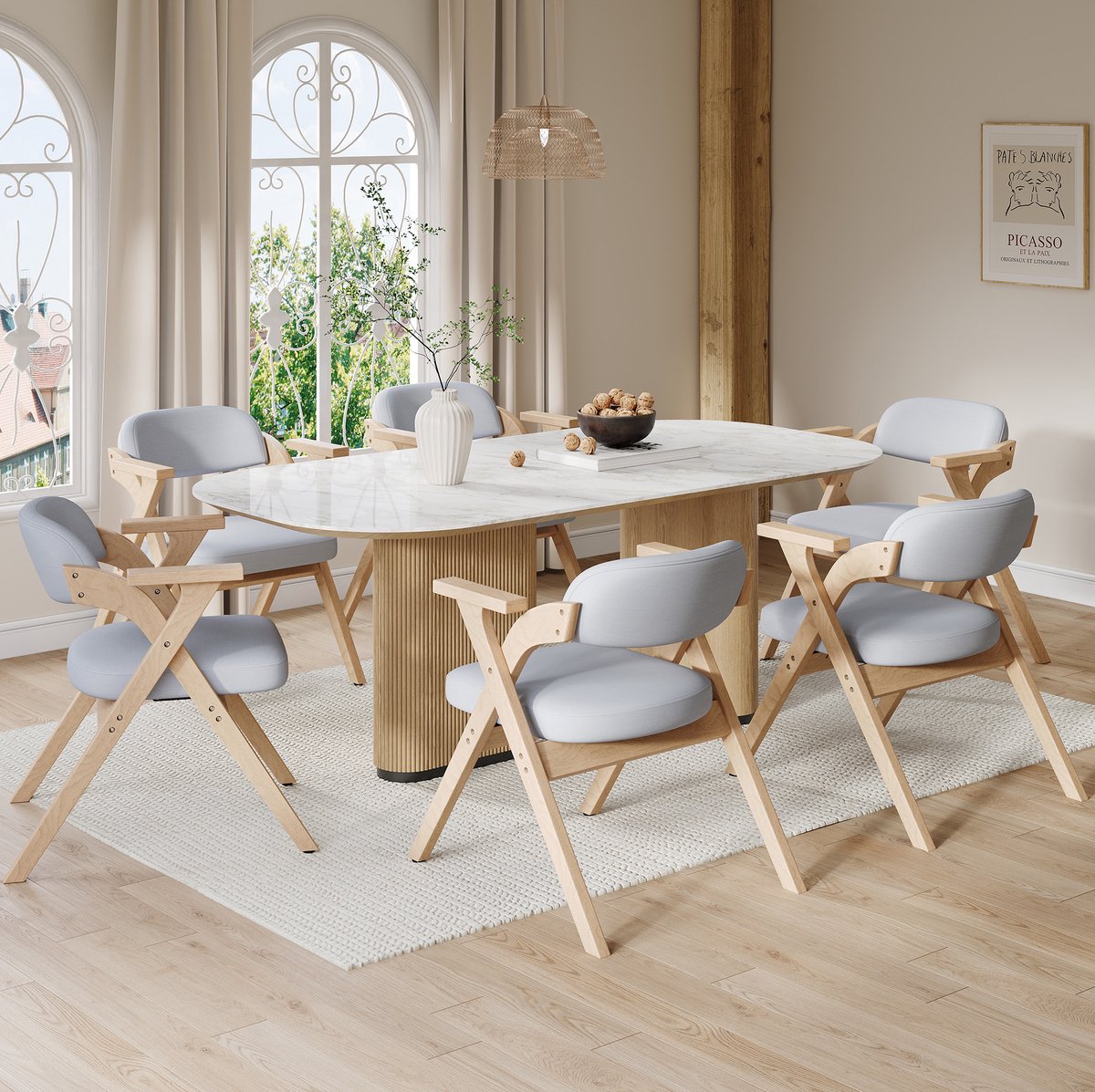 STILVORA Eetkamerstoel - Set Van 6 - Inklapbaar Met Armleuningen En Comfortabele Stoffen Zitting - Voor Eetkamer En Woonkamer - Hout Grijs