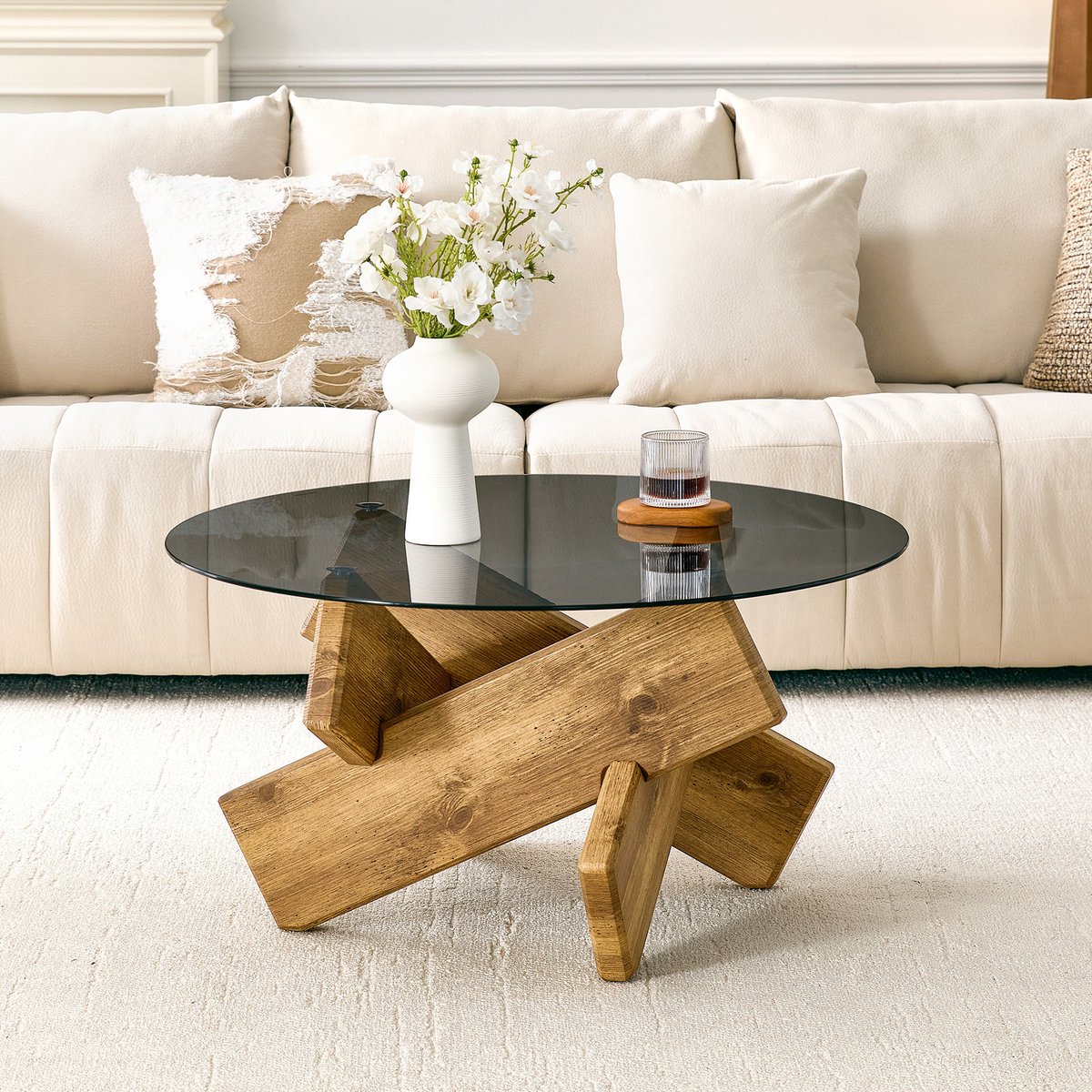 FloraGrace Salontafel - Ronde Glazen Tafel Met Geometrisch Onderstel - Modern Voor Woonkamer En Interieur - Glas En MDF - Wood - 79x79x45 Cm