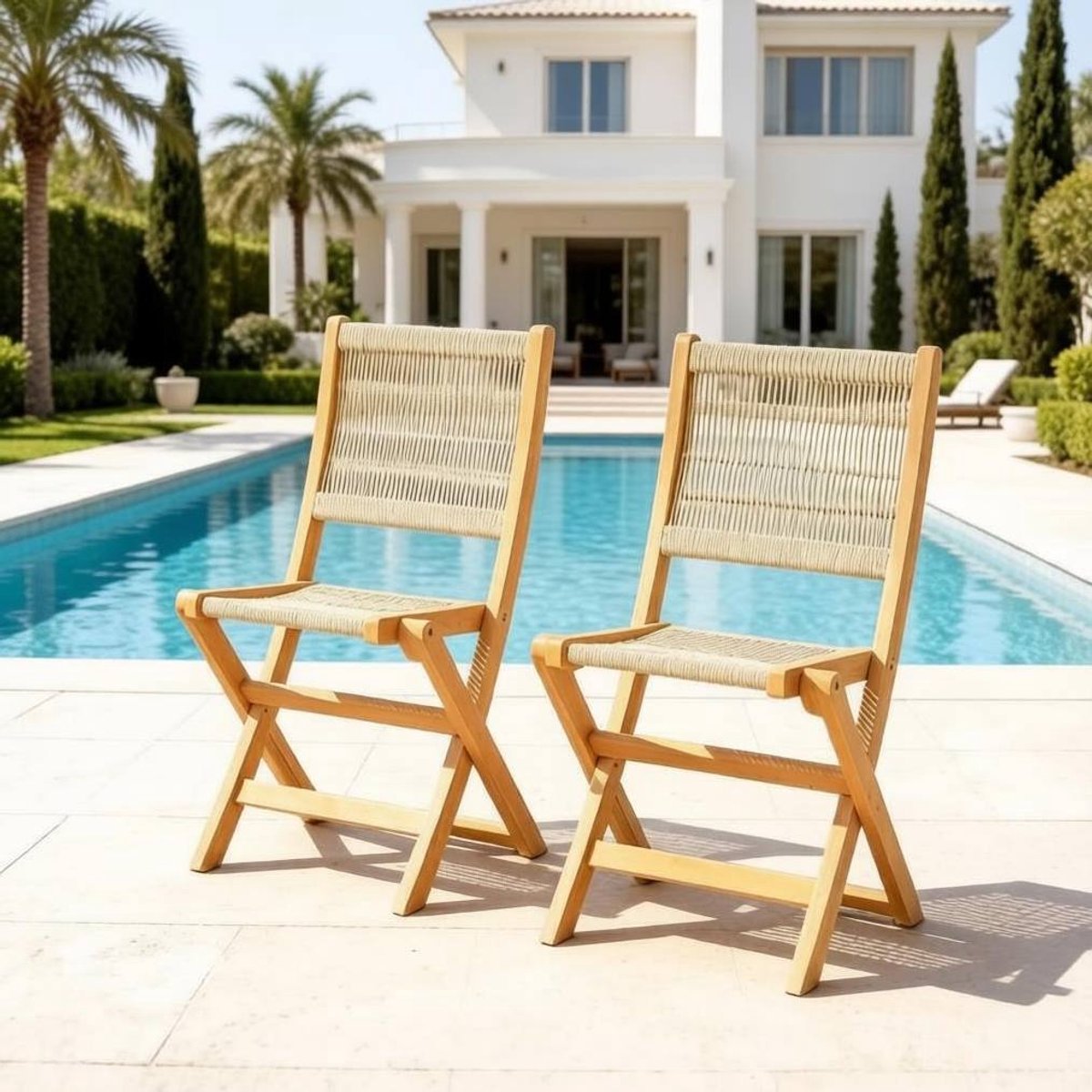 STILVORA Tuinstoel Set Van 2 Opvouwbaar Met Gevlochten Zitting En Rugleuning Voor Tuin Terras En Balkon Acaciahout Beige Natuurlijk