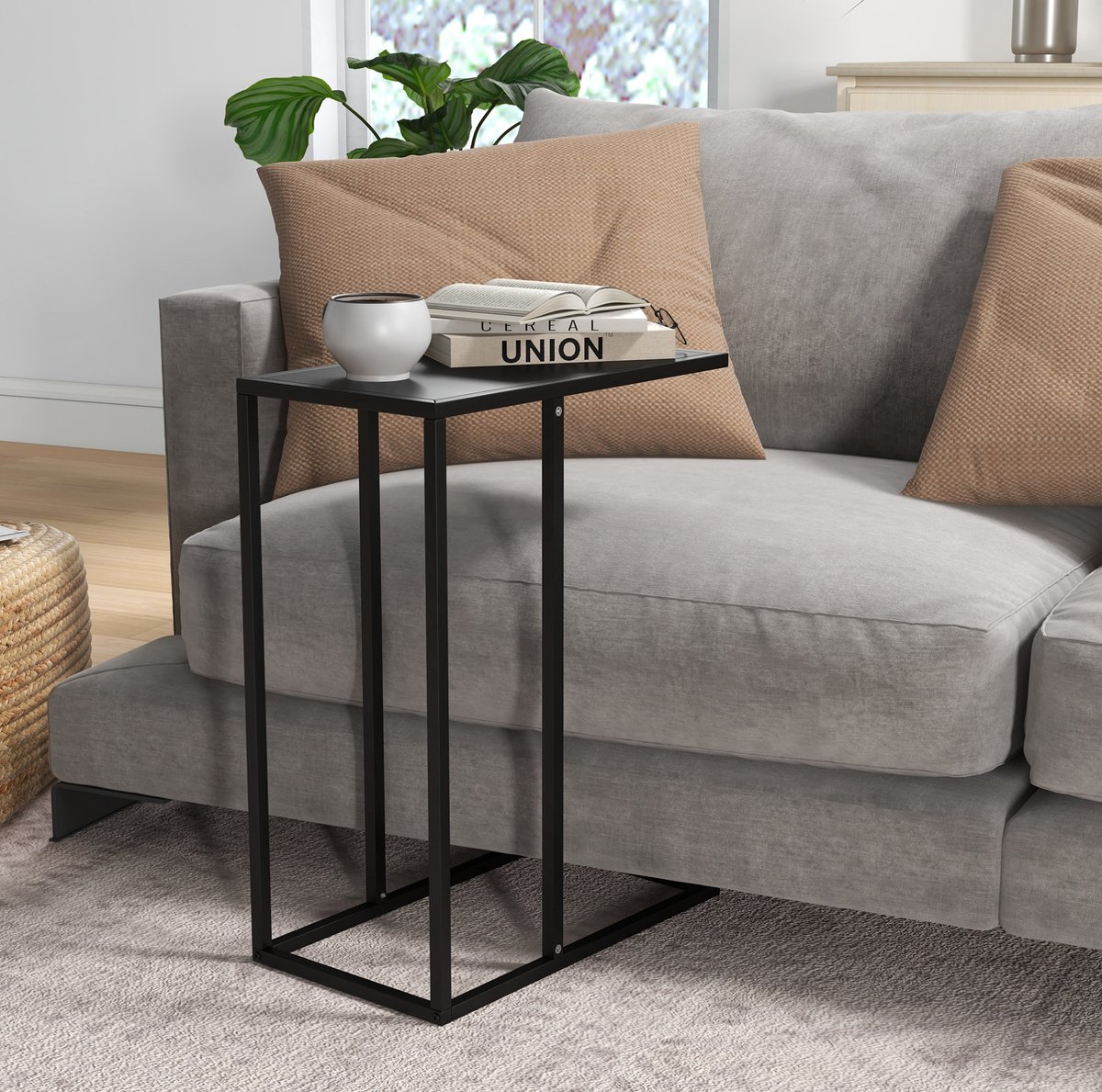 FloraGrace Bijzettafel - C Vorm Met Stalen Frame - Voor Bank En Bed - Zwart - 46x26x60 Cm