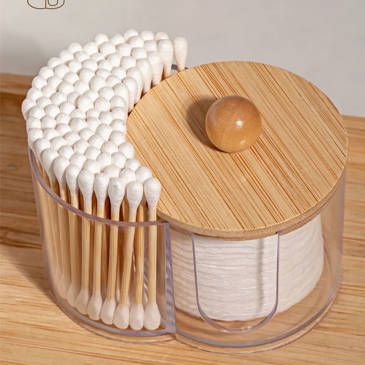 Twee-in-Een Ronde Opbergcontainer Met Natuurlijk Bamboe Deksel, Oogmake-up Wattjes en Badwatten, Bureau Cosmetica Opbergaccessoire Dubbelvak Wattenschijfjes Doos Met Bamboe Deksel, Transparante Cosmetica Opbergdoos Voor Badkamer en Bureau"