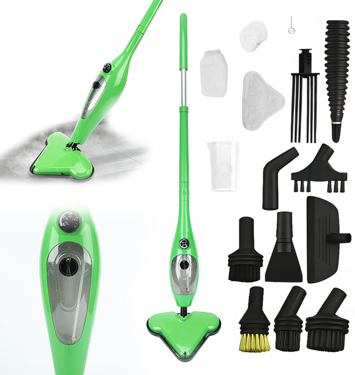 Stoomreiniger – Reinigingsmop met hoge temperatuur – Krachtig vermogen van 1300 W – Inclusief reinigingspad en 10 verwisselbare accessoires – Multifunctioneel – Geschikt voor nat en droog gebruik – Groen