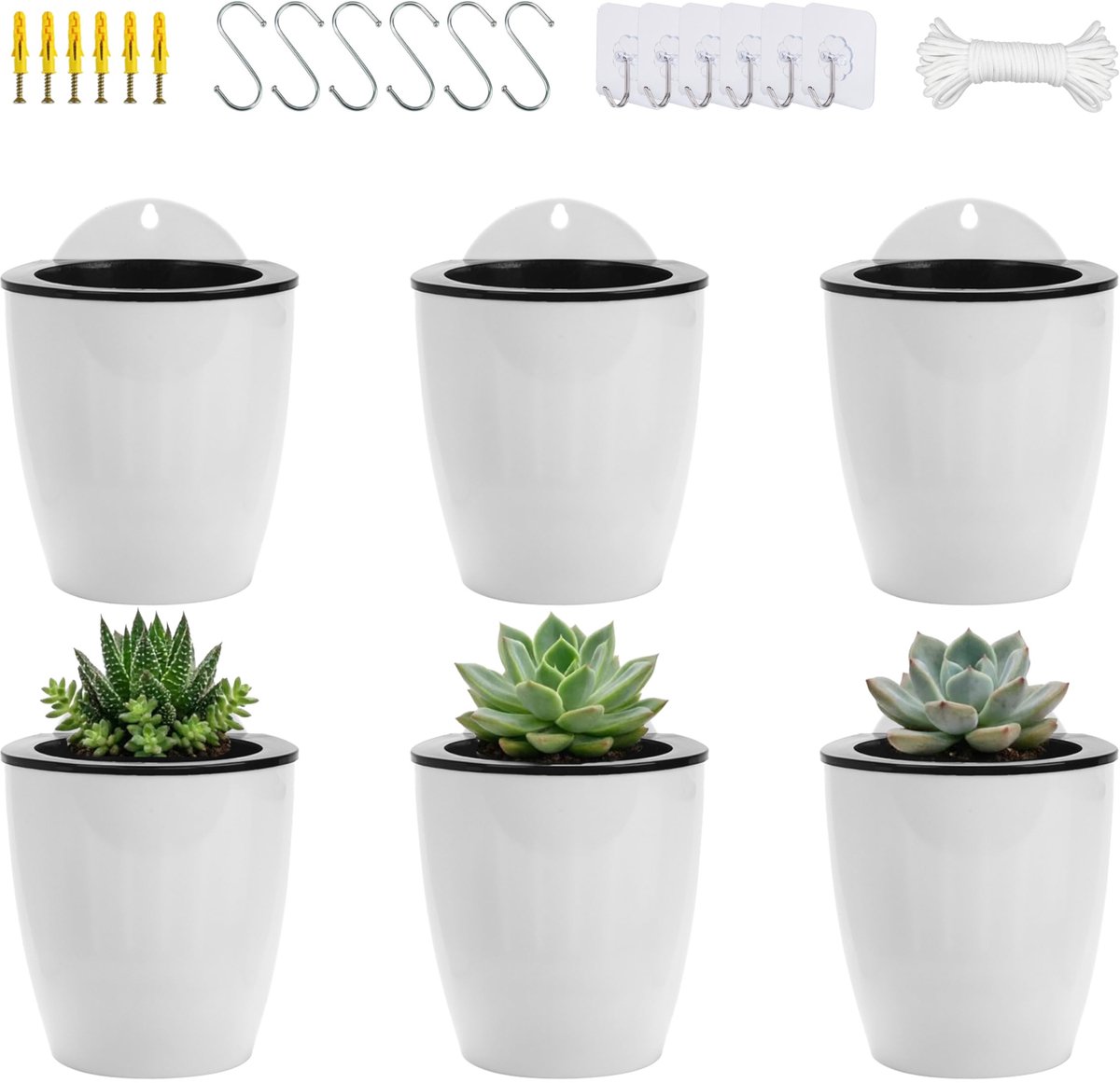 Famanu – Set van 6 hangende ronde plastic plantenpotten, automatisch bewaterend, voor verticale tuin, muur- of raambevestiging, binnen/buiten, kleur wit, klein