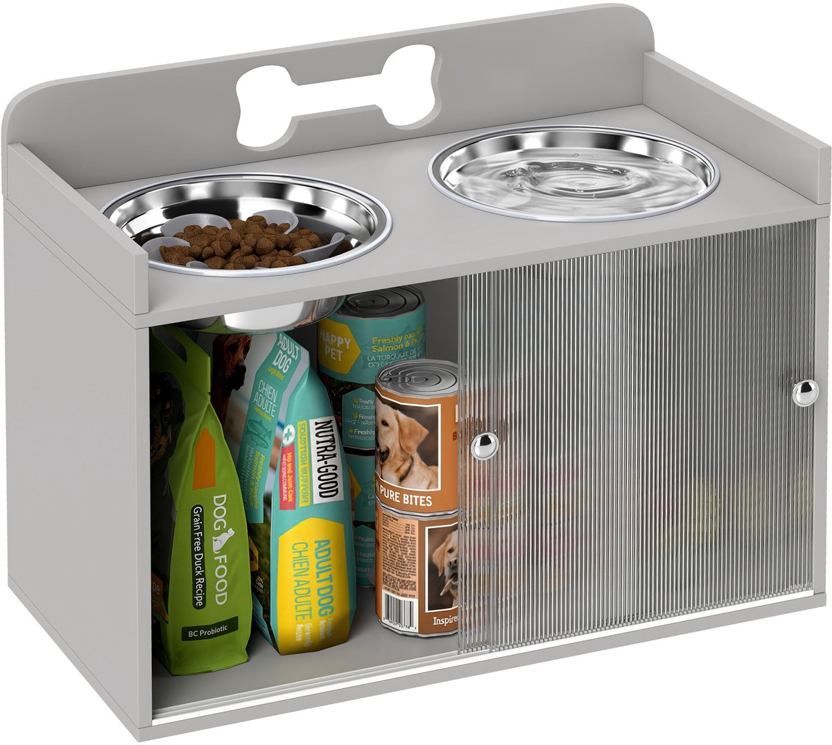 ECTEATOY® Honden voerbak met Kast - 50L- Voerstation met 2 RVS Voerbakken 2,1L- Slow feeder - MDF & Staal - Grijs