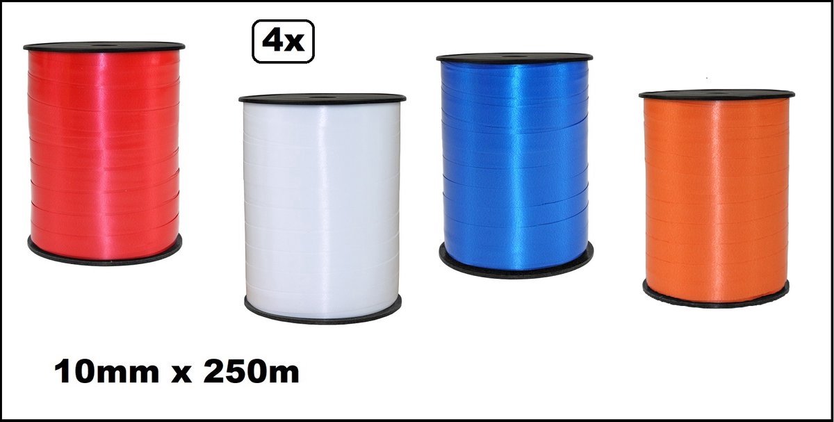 4 stuks Krullint Holland 10mm x 250meter - rood/wit/blauw/oranje -