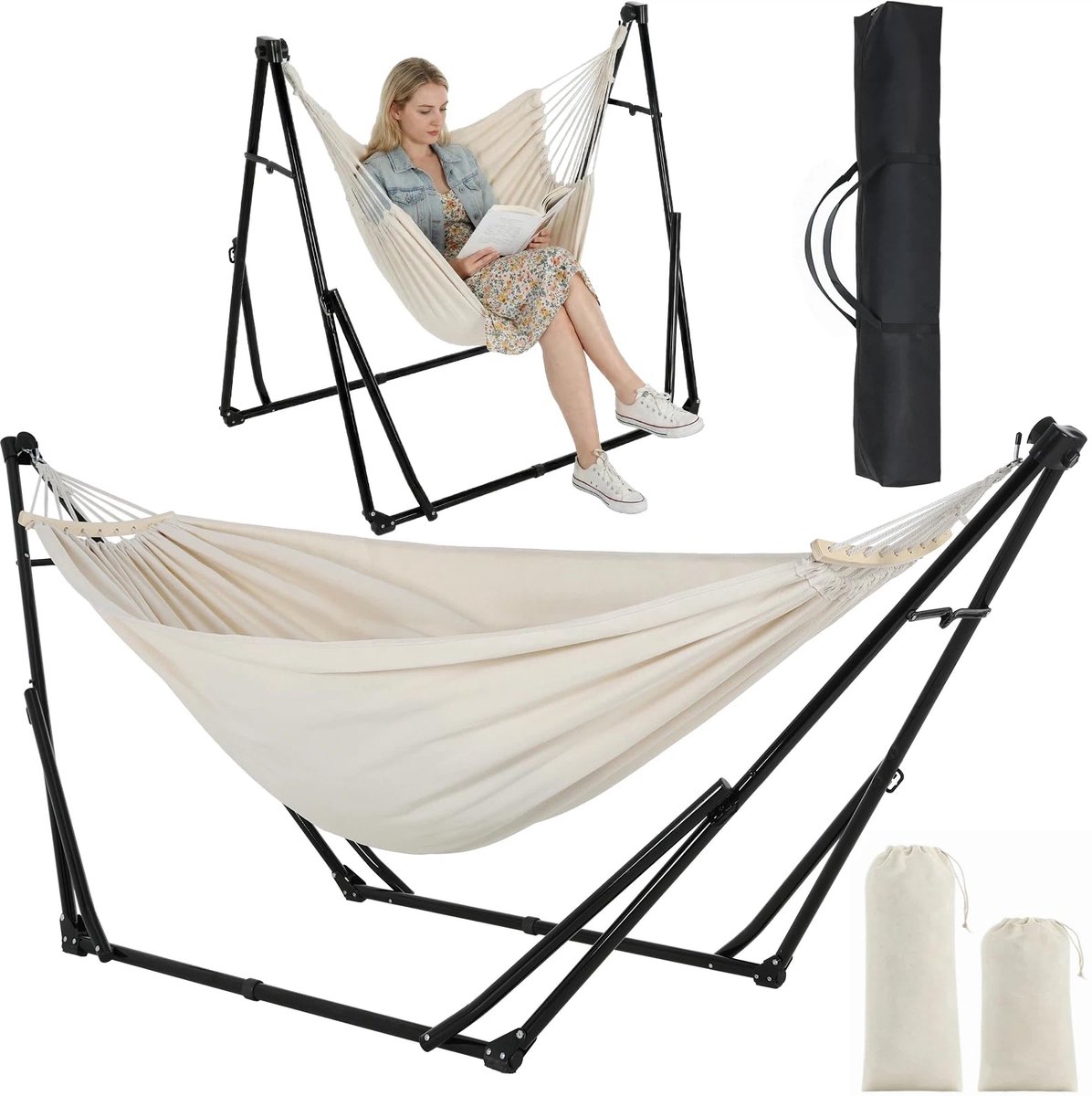 Famanu – Hangmat met frame, outdoor hangmat, opvouwbaar en verstelbaar, stabiel hangmatframe, 231 x 89 cm, tot 200 kg, voor tuin, balkon, camping, indoor, met draagtas, meerkleurig (kaki